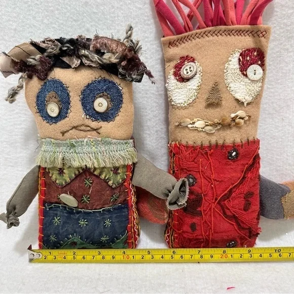 Scrappy Sidekicks Handcrafted Eco-Chic Doll Duo Kantha Embroidery Vintage Fabric - Picture 7 of 8